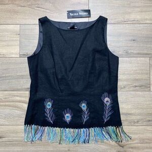 Nicole Studio Womens Linen Blend Peacock Feather Embroidered Tank Size 12 Black